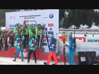 fourcade knocked down loginov at the finish line and at the award ceremony loginov and shipulin did not shake his hand {feb 9. 2017}